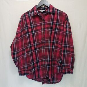 Old Navy Boyfriend Flannel Shirt Large Pink Black Plaid Long Sleeve Button Up L